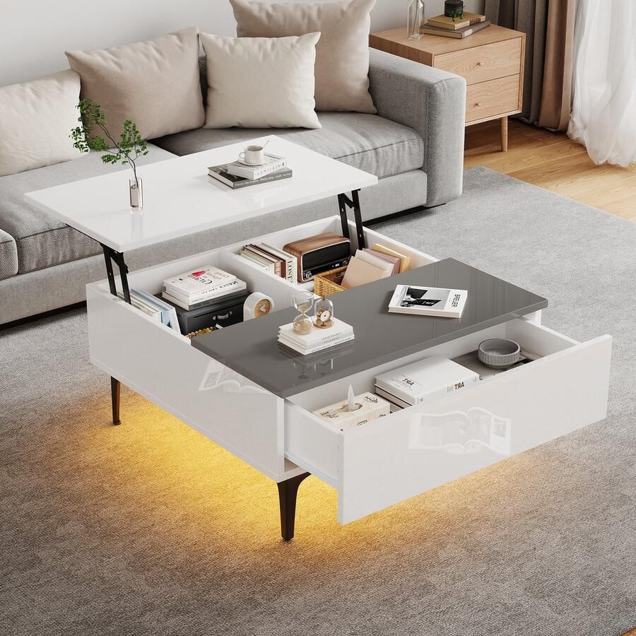 Sweiko Salontafel Hoogglans LED-verlichting Verstelbaar hoogte Met lade Wit+Grijs