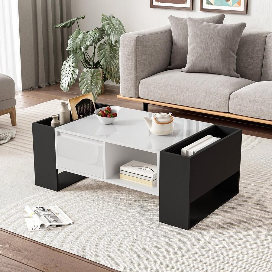 Sweiko Salontafel Hoogglans oppervlak 105 x 60 x 40.5 cm Laden + 4 open vakken Zwart + wit