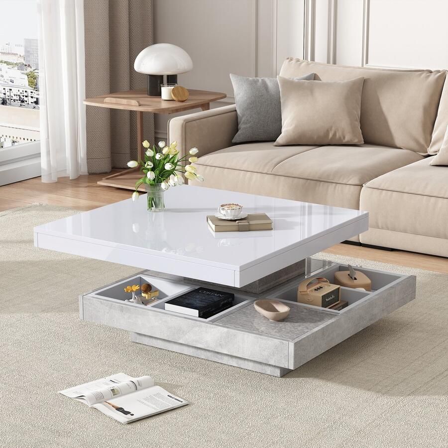 Sweiko Salontafel Hoogglans tafelblad 360° draaibaar Met opbergvak Wit + grijs