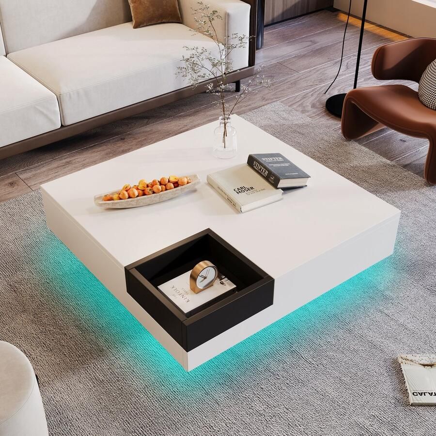 Sweiko Salontafel Hoogglans Woonkamer tafel Bijzettafel met LED lichteffect en afneembare opbergbox Zwart-Wit blokken 72x72x30cm