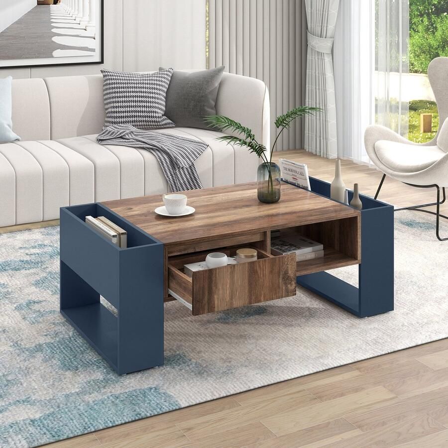 Sweiko Salontafel in Houtnerf+Grijs+Zwart met lade zonder handvat één opbergvak en achtervak dubbelzijdige opbergruimte. Met opbergvakken aan beide zijden. Woonkamer bank tafel grote bergruimte - Foto 2