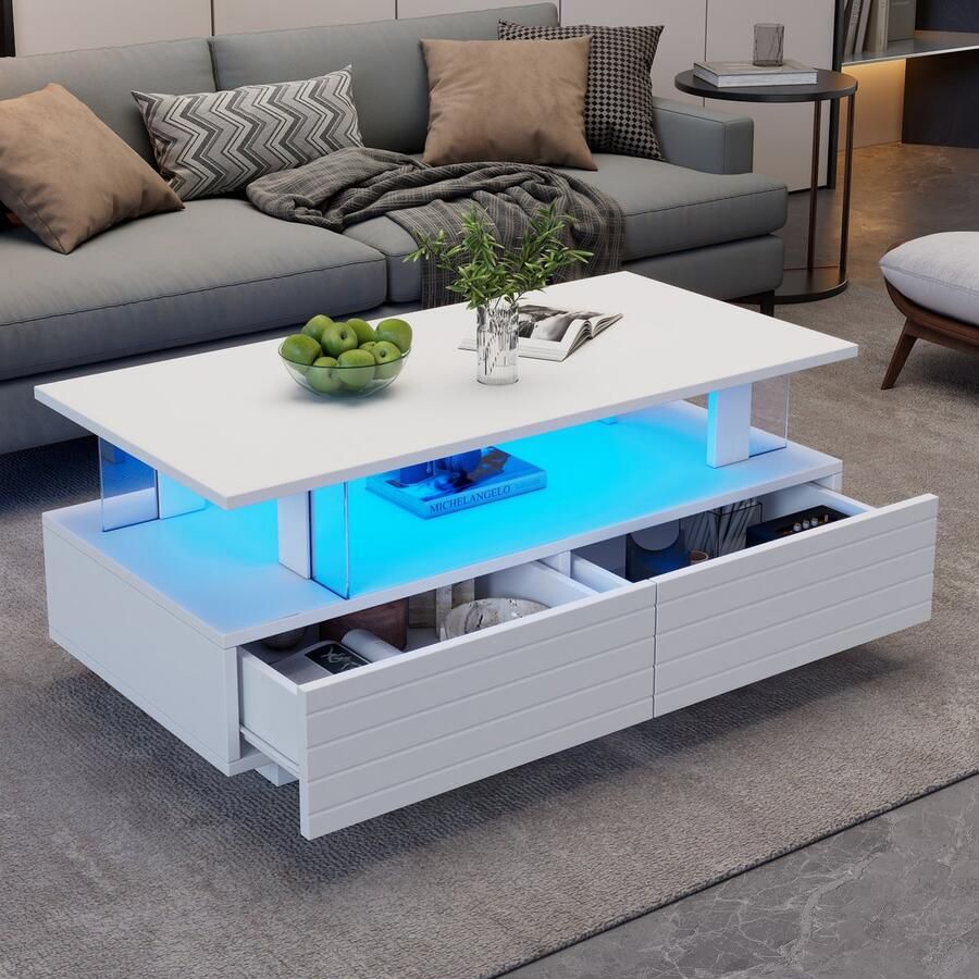 Sweiko Salontafel LED Verlichting Acryl Scheidingswand Bluetooth Appbediening Wit