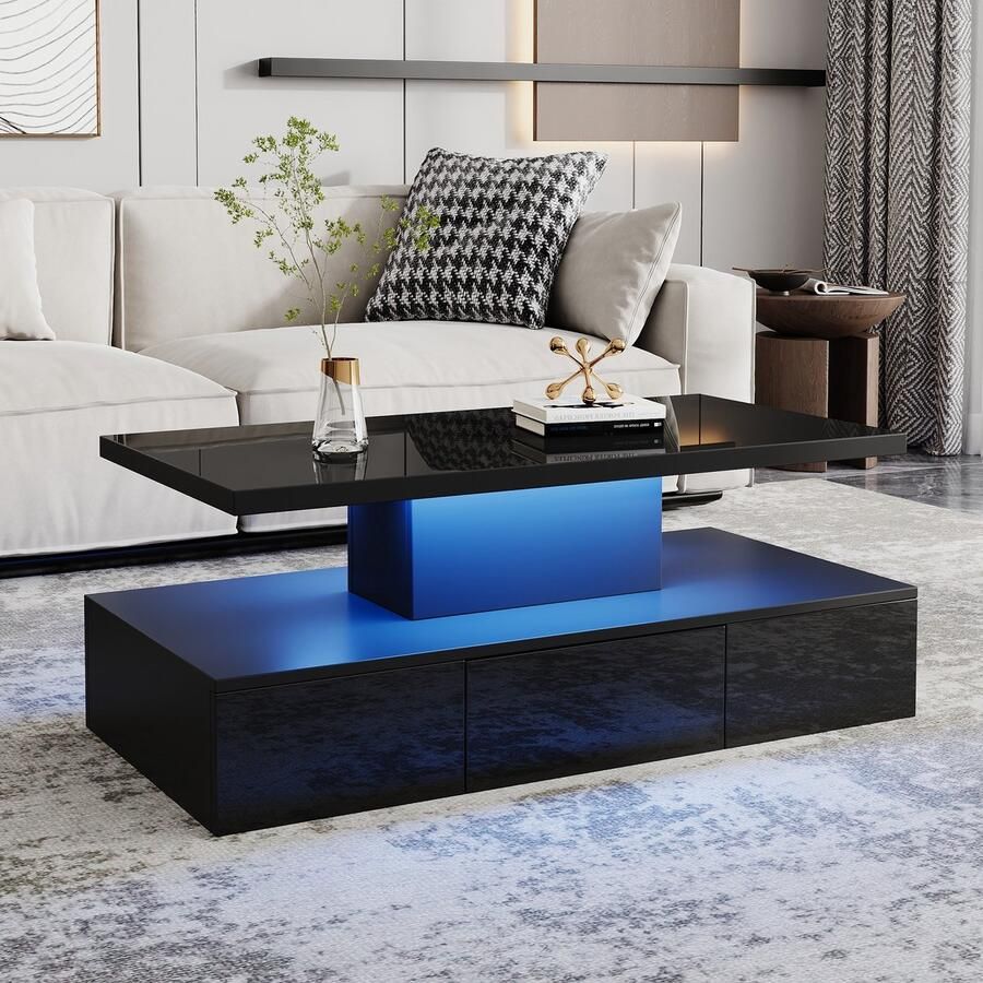 Sweiko Salontafel LED verlichting Hoogglans Open schap Met lade Zwart