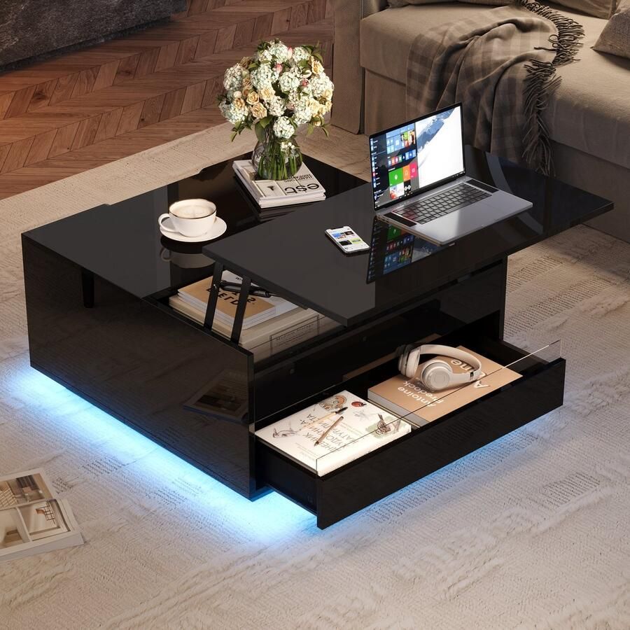 Sweiko Salontafel LED-verlichting Verstelbaar tafelblad Met lade Hoogglans Zwart