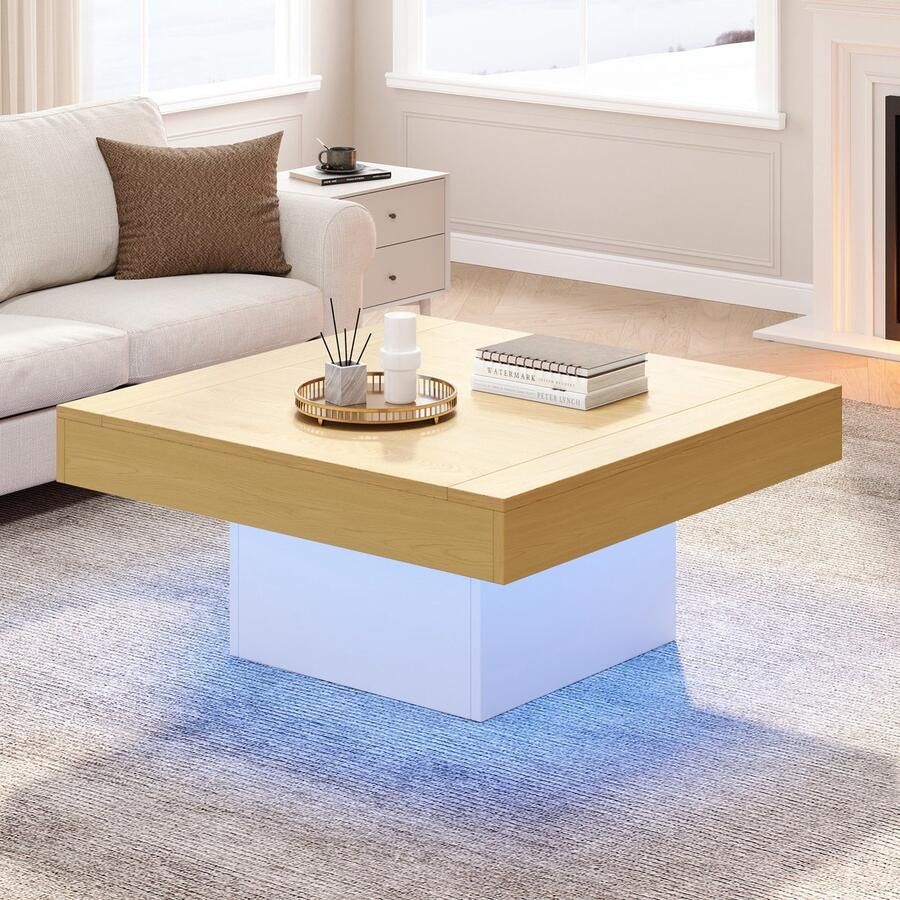 Sweiko Salontafel LED verlichting Vierkante bijzettafel Natuurlijk + Wit