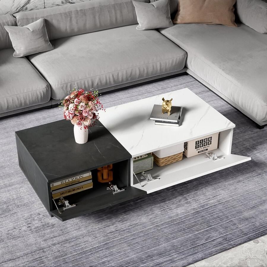 Sweiko Salontafel MDF marmeren decoratief blad twee kastdeuren zwart en wit