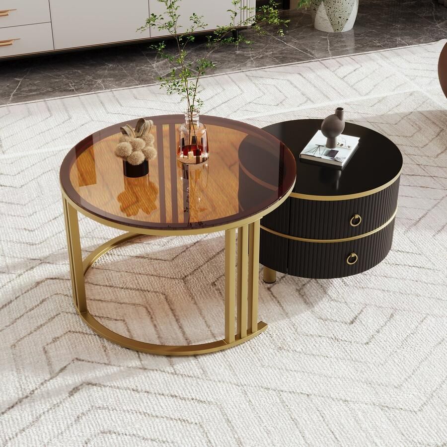 Sweiko Salontafel Medium density Vezelplaat 2-in-1 Ronde Salontafel gehard glas randtafel met 1 Zwart tafelblad en 1 Bruin tafelblad salontafel combinatie met 2 lades in de woonkamer 70x70x45 en 50x50x40 centimeter