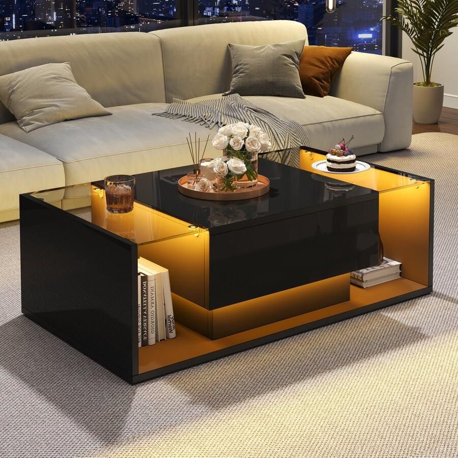 Sweiko Salontafel Met lades LED-verlichting Glazen tafelblad Hoogglans Zwart