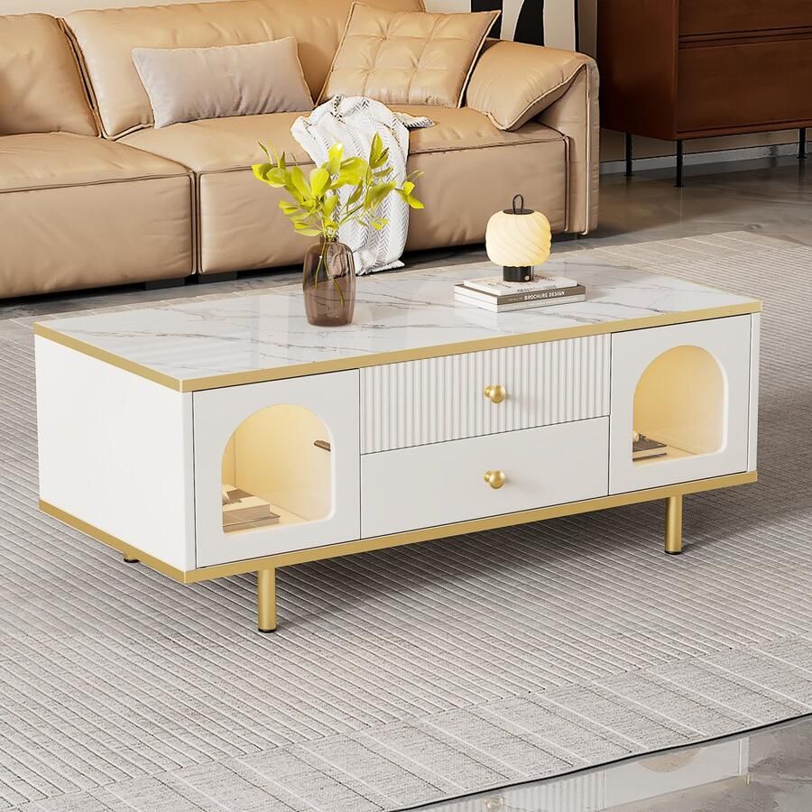 Sweiko Salontafel Moderne hoogglans LED lichte salontafel met luxe rimpelladen sofa tafel woonkamer tafel marmeren patroon tafelblad gouden metalen decoratie puur Wit