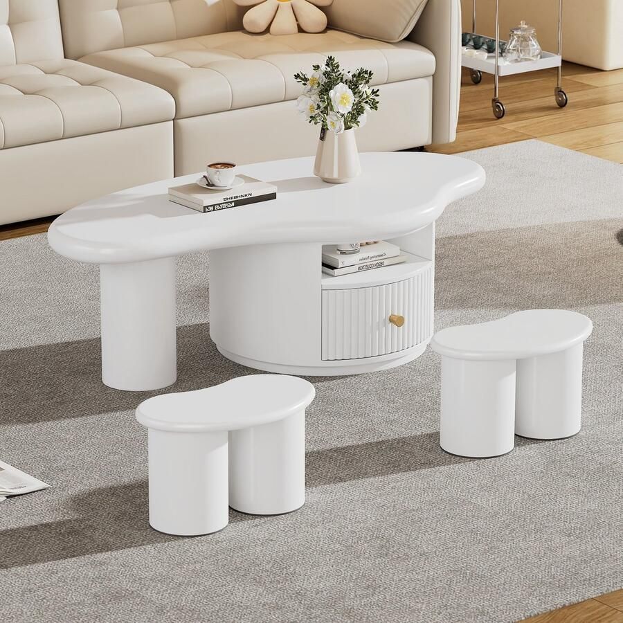 Sweiko Salontafel onregelmatige wolkvorm met 2 krukjes 110 * 60 * 37 5 cm MDF met 2 laden creatieve salontafelset wit