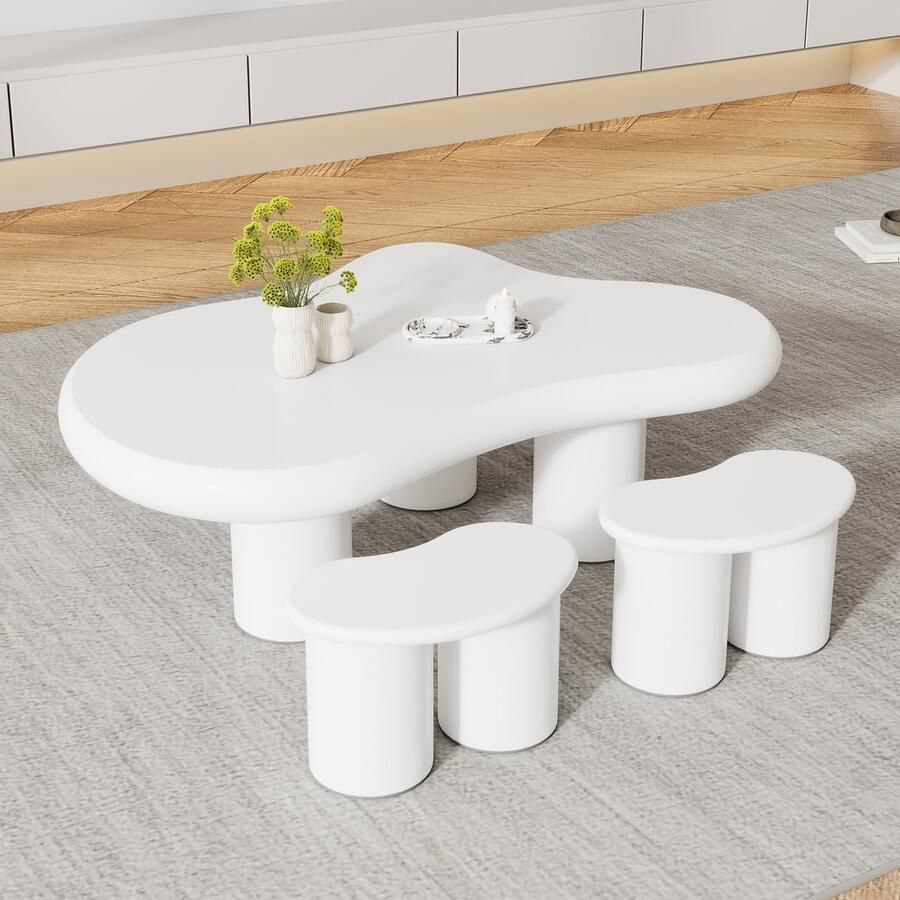 Sweiko Salontafel onregelmatige wolkvorm met 2 krukjes 97 * 67 * 32 cm MDF gelakt oppervlak creatieve salontafelset wit