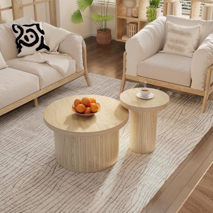 Sweiko Salontafel set dubbele ronde tafel bijzettafel met natuurhouten latten