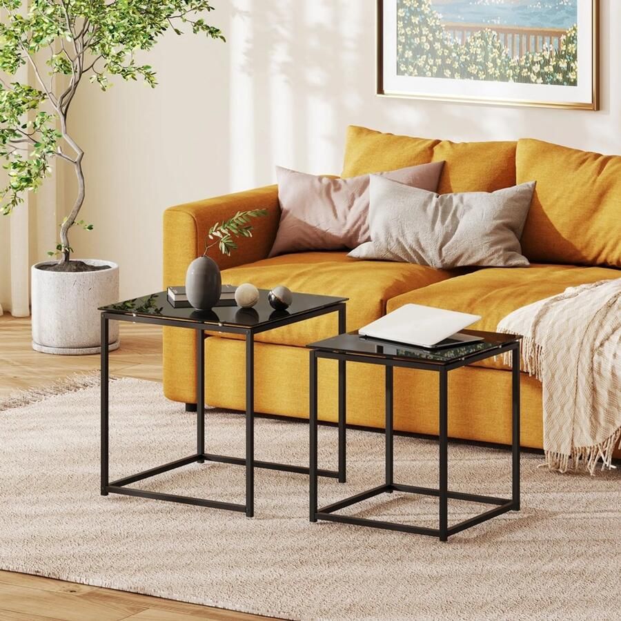 Sweiko Salontafel Set van 2 Modern design Stapelbaar Glazen tafelblad Zwart