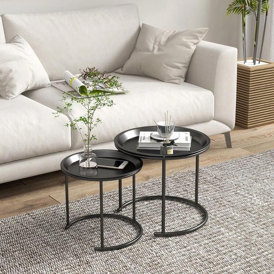 Sweiko Salontafel Set van 2 Ronde stapelbare tafels Metalen frame Dienbladblad Zwart
