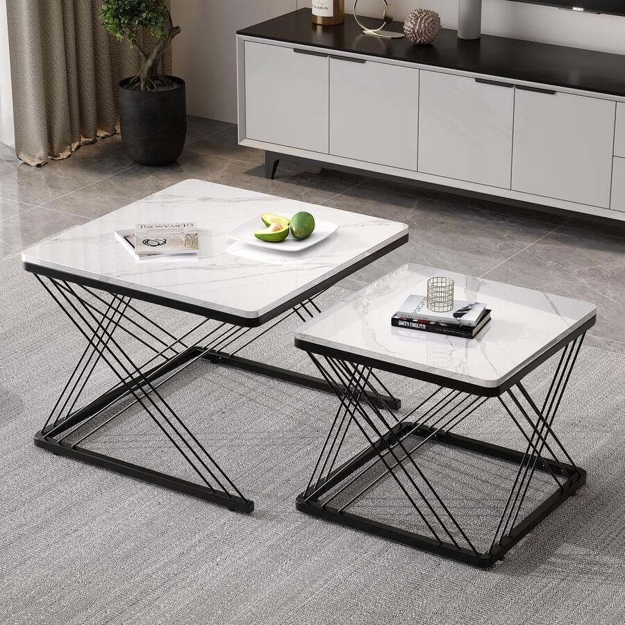 Sweiko Salontafel Set van 2 Vierkant Hoogglans Marmerlook Combo salontafel