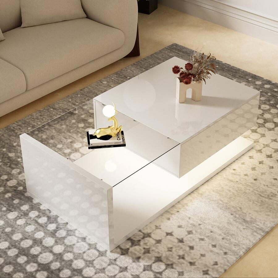 Sweiko Salontafel Sofa tafel Woonkamer tafel Glad wit bijzettafel salontafel met glas en LED effect met laden en opslagruimte