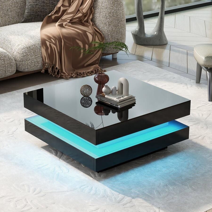 Sweiko Salontafel Vierkant 70x70x36 cm 16 kleuren LED verlichting Bluetooth APP bediening Maximaal gewicht 3 kg Zwart