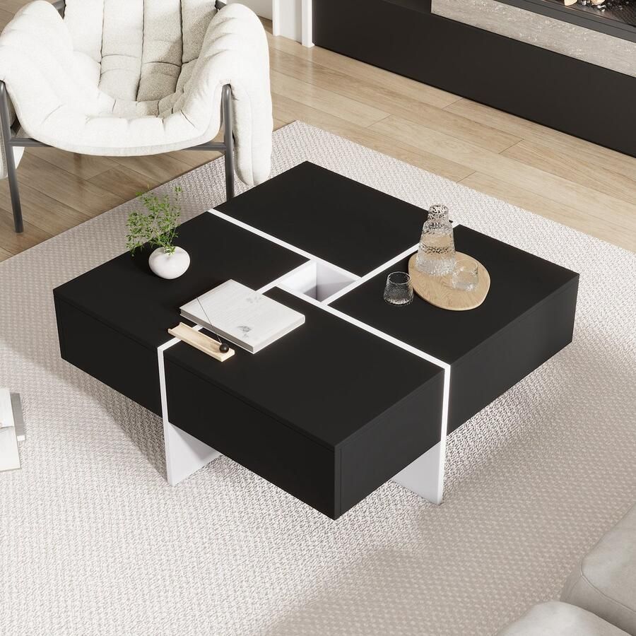 Sweiko Salontafel Vierkant Opbergvakken Geometrisch ontwerp Zwart + Wit