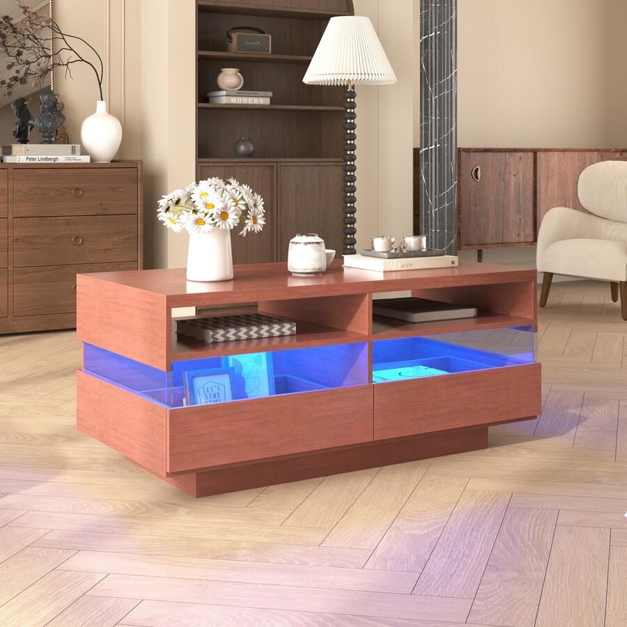 Sweiko Salontafel Woonkamer Tafel met 2 compartimenten en 2 lades Reflecterende acryllamp met LED-verlichting Uniek optisch effect Walnoothout