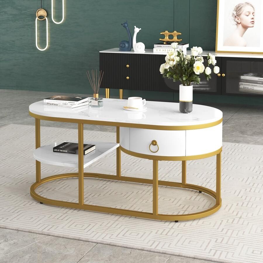 Sweiko Salontafel Woonkamer tafel Salontafel met marmerlook en gouden ijzeren frame met lades en planken Bijzettafel met gouden handvatten