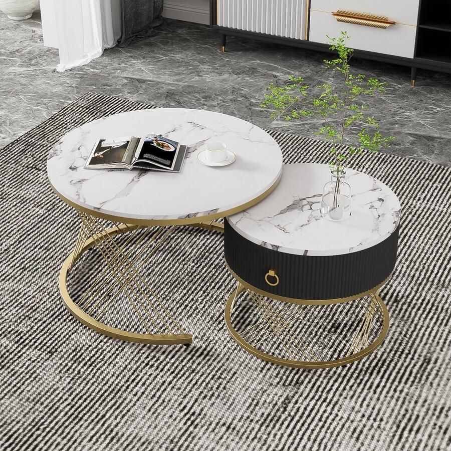 Sweiko Salontafel Woonkamer tafel Sofa tafel Marmer uiterlijk Gouden decoratie bijzettafel met laden (set van twee) Wit