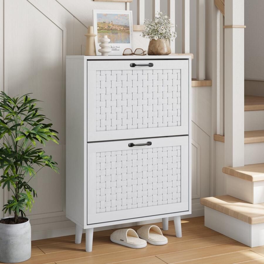 Sweiko Schoenenkast 2 handgemaakte rotan lades Massief houten poten Wit