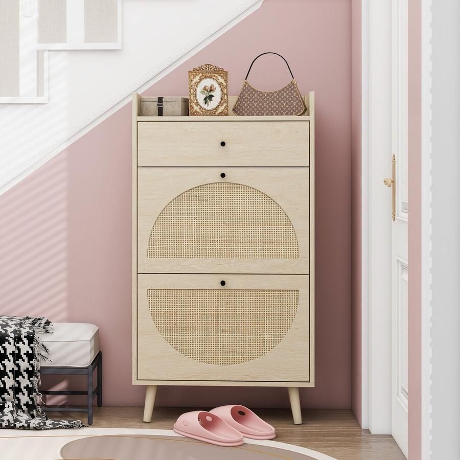 Sweiko Schoenenkast 2 Rieten deuren met Lade Dubbele planken Zonder achterwand Naturel