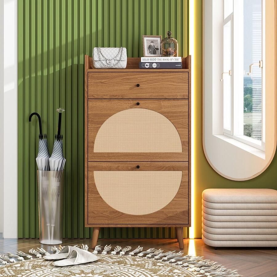 Sweiko Schoenenkast 2 Rieten deuren met Lade Dubbele planken Zonder achterwand Walnoothout