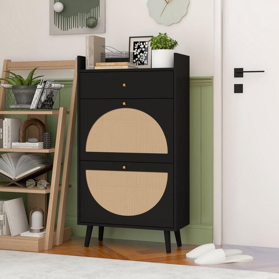 Sweiko Schoenenkast 2 Rieten deuren met Lade Dubbele planken Zonder achterwand Zwart