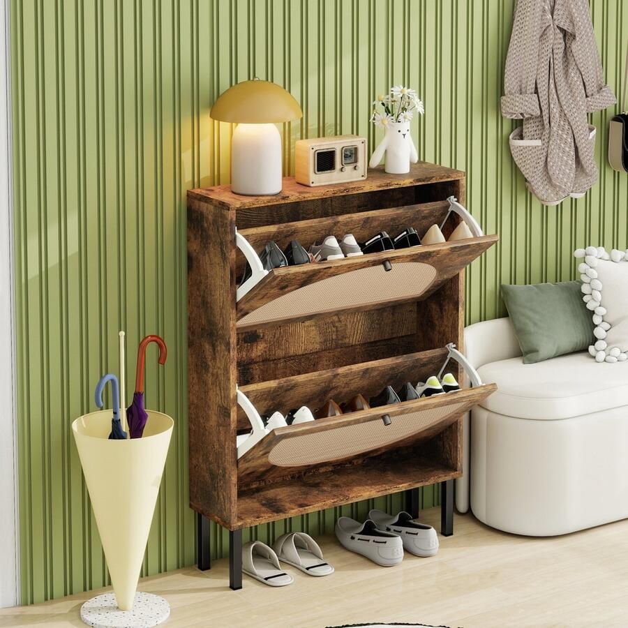 Sweiko Schoenenkast 2 Rieten deuren Vintage bruin