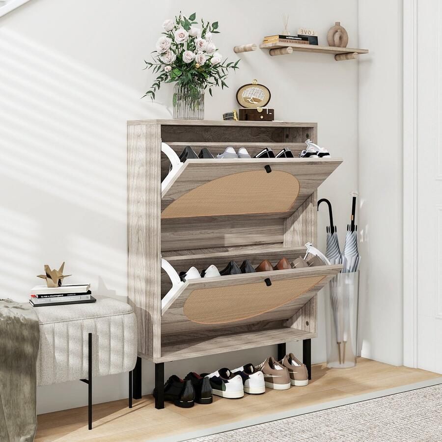 Sweiko Schoenenkast 2 Rieten deuren Vintage grijs