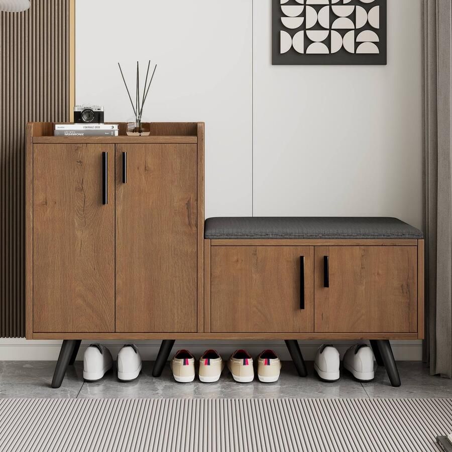 Sweiko Schoenenkast 4 Deurs Gestoffeerde Zitting Asymmetrische Metalen Handgreep 120*34*82cm Bruin