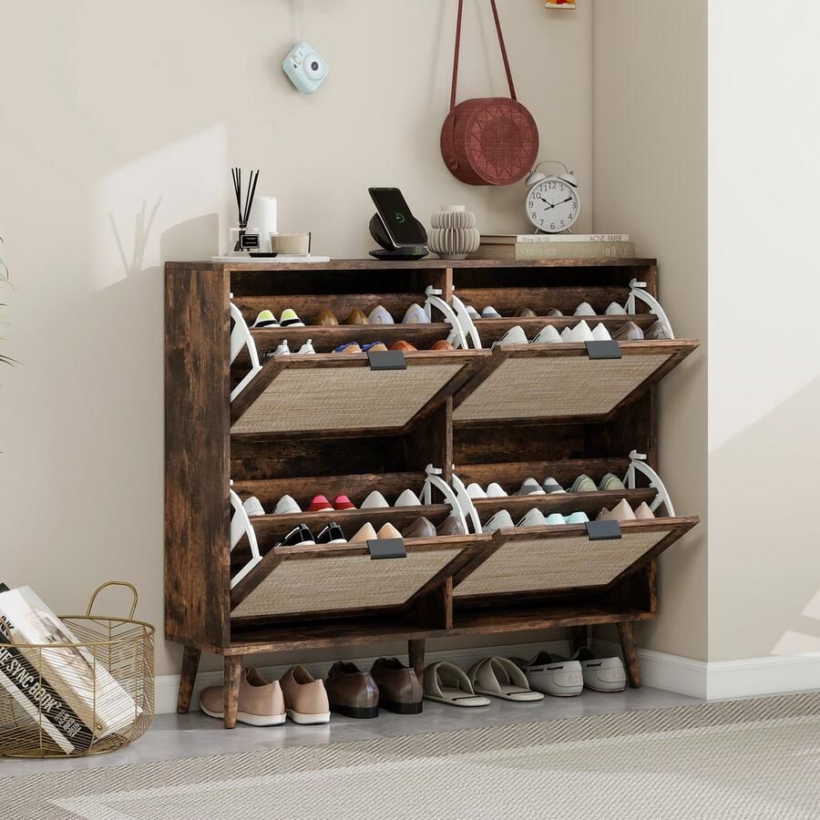 Sweiko Schoenenkast 4 Rieten deuren Dubbele planken Retro bruin