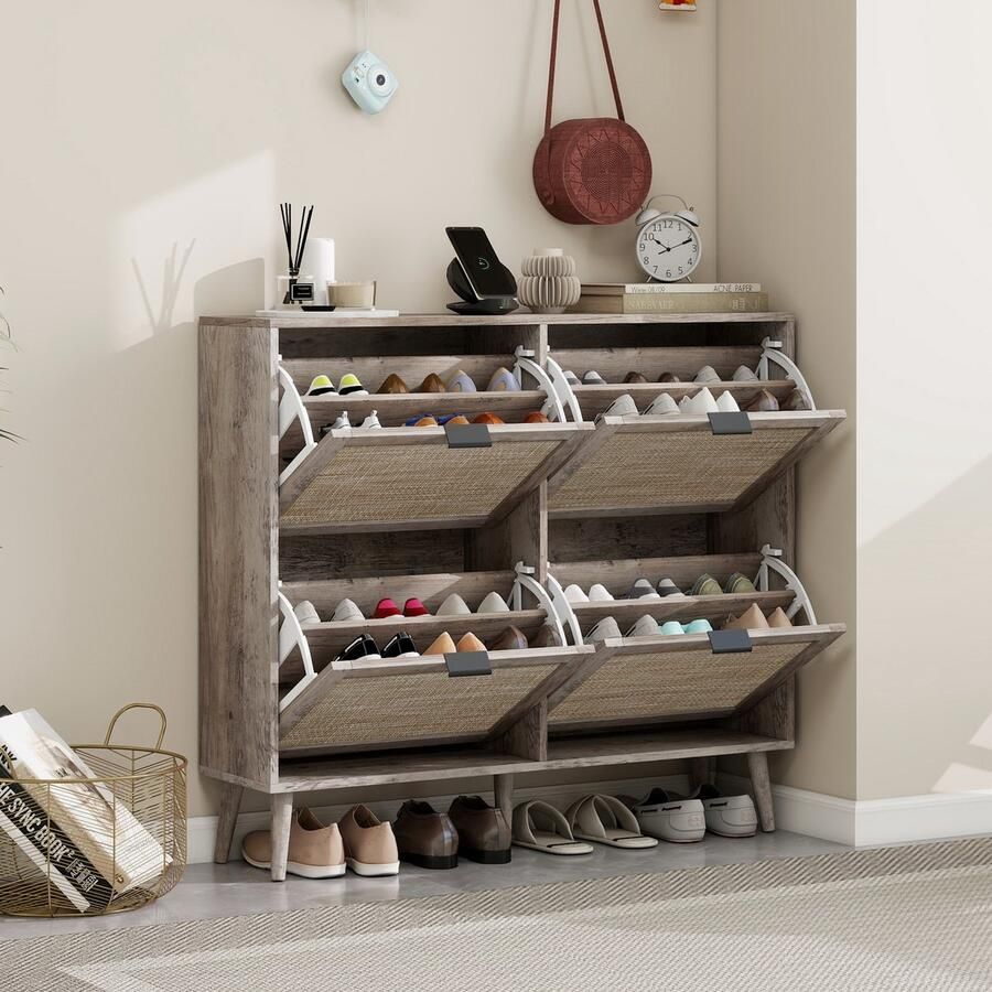 Sweiko Schoenenkast 4 Rieten deuren Dubbele planken Retro grijs