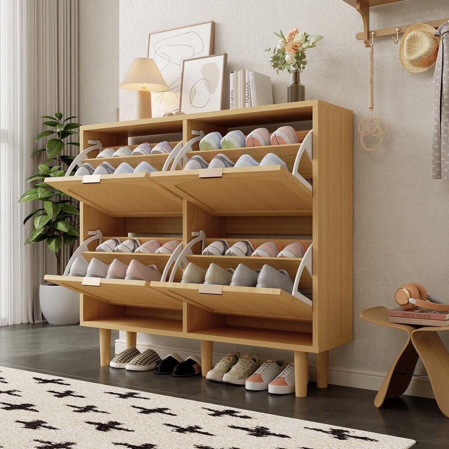 Sweiko Schoenenkast 4 rieten lades Metalen handgrepen 100 x 25 x 90 cm Naturel