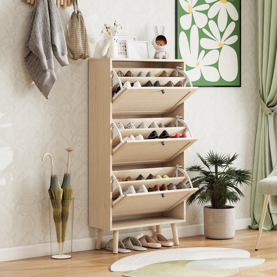 Sweiko Schoenenkast 60x24x121 cm 3 Rieten deuren Dubbele planken Natuurlijk