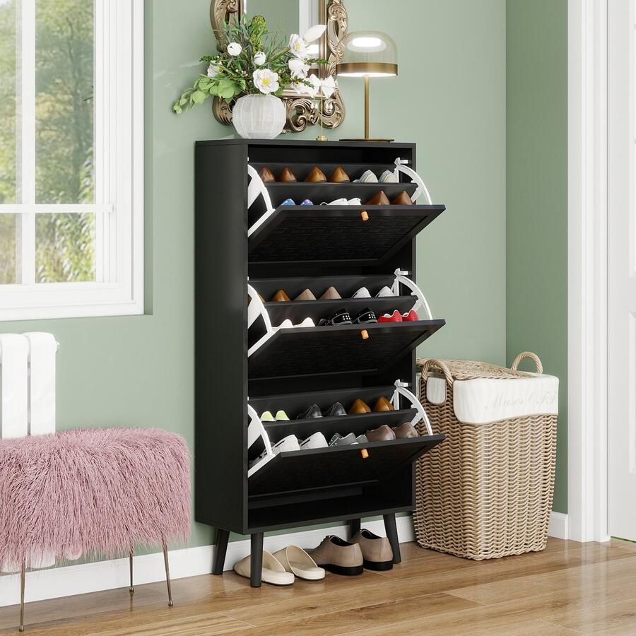 Sweiko Schoenenkast 60x24x121 cm 3 Rieten deuren Dubbele planken Zwart