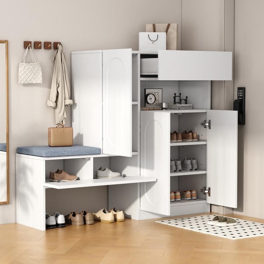 Sweiko Schoenenkast Gebogen deuren Met lades Verstelbare planken Gewatteerde bank Wit