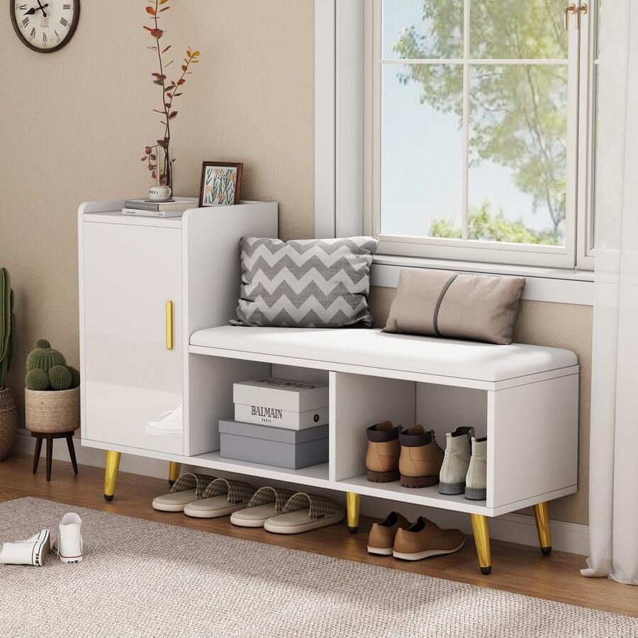 Sweiko Schoenenkast Hoogglans Meerdere planken Zacht beklede zitting Wit