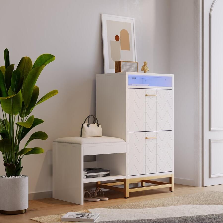 Sweiko Schoenenkast met 2 klapdeksels schoenwisselbank met LED verlichting wit