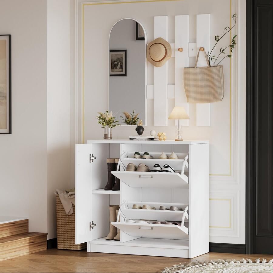 Sweiko Schoenenkast met Spiegel 3 haken Halmeubel Klepdeuren Wit