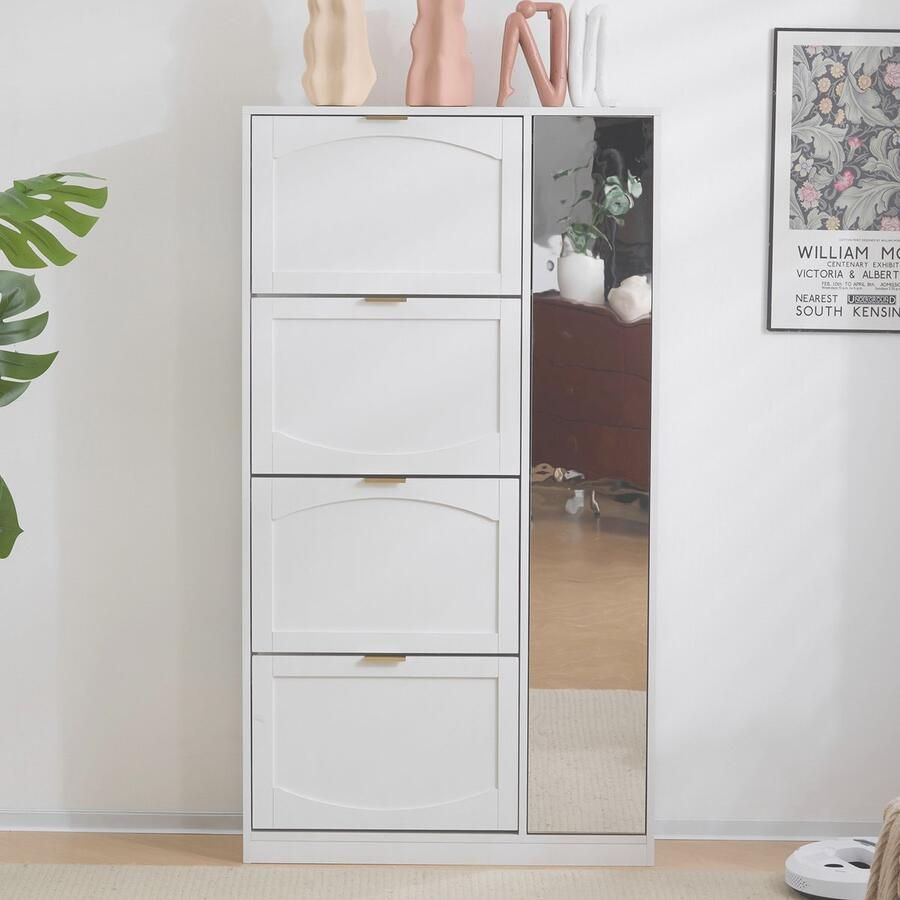 Sweiko Schoenenkast met spiegel 4 opvouwbare opbergvakken Verstelbare planken Wit