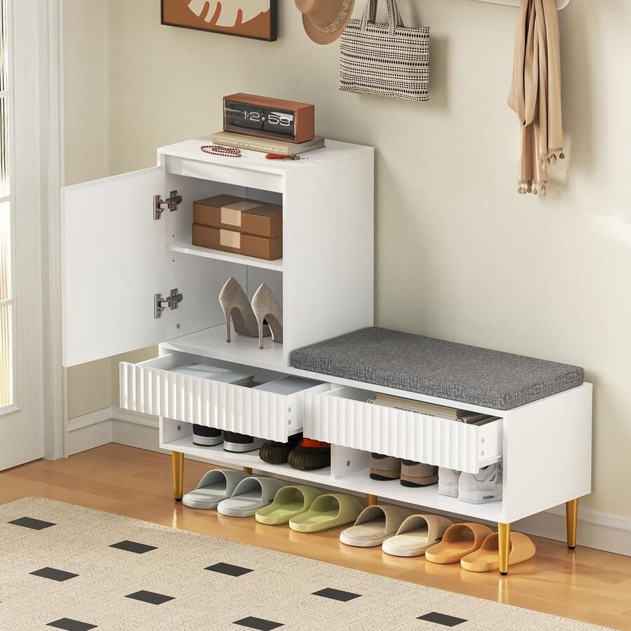 Sweiko Schoenenkast met Zitting 2 Lades Opbergkast 100 × 35 × 90 cm Wit