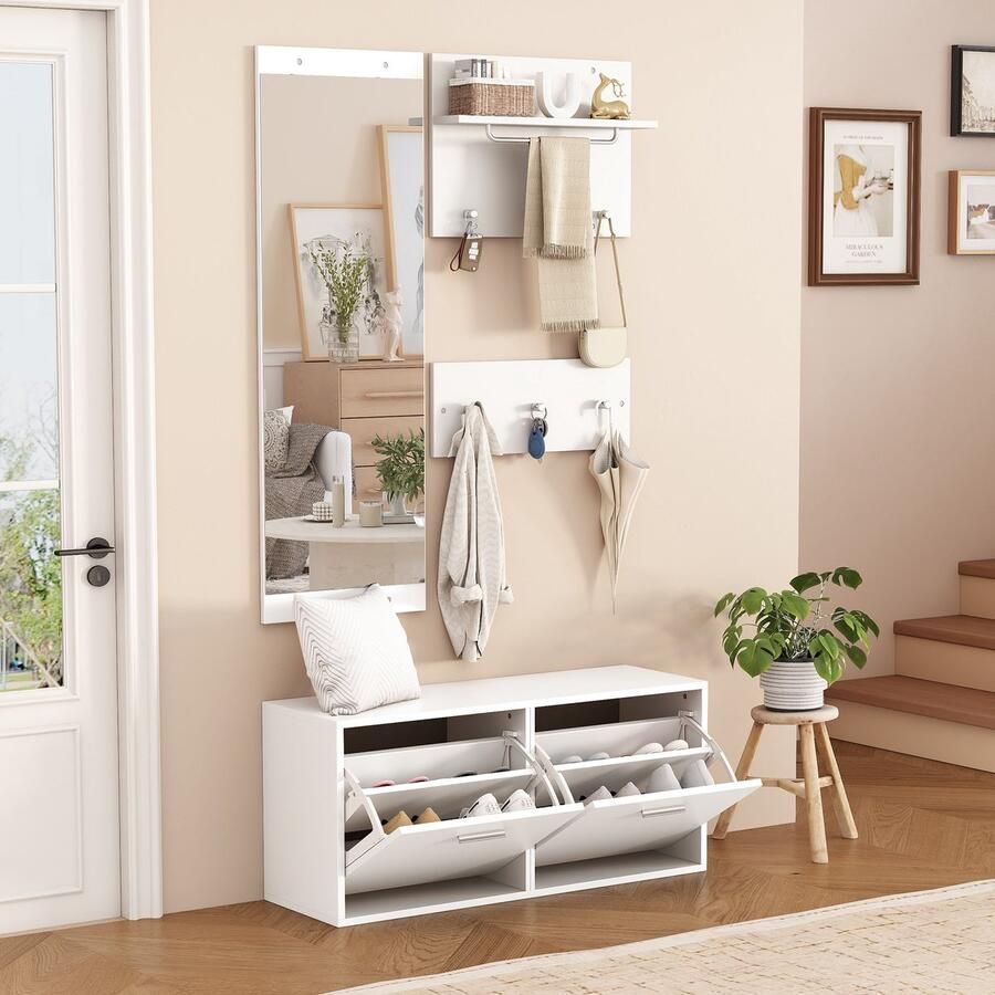 Sweiko Schoenenkast Set van 4 Kapstokset Met spiegel Halmeubel 6 haken Wit