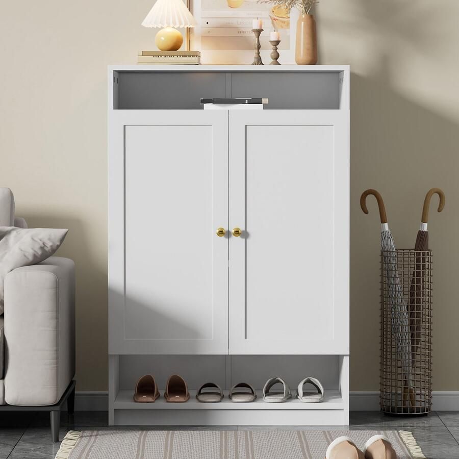 Sweiko Schoenenkast Verstelbare Planken Gouden Handvat Dubbeldeurs Schoenenkast 73*34*109cm Wit