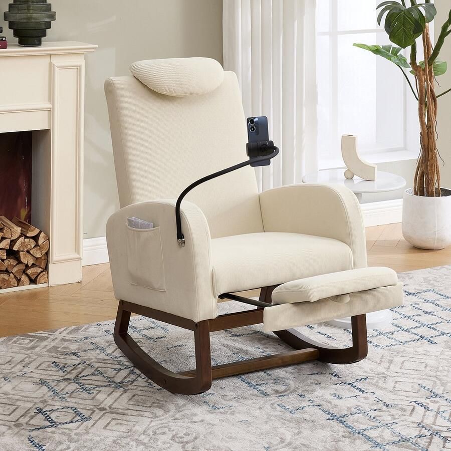 Sweiko Schommelstoel Corduroy Met hoofdsteun Mobiele telefoonhouder Verstelbare voetsteun Beige