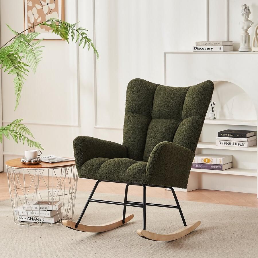 Sweiko Schommelstoel Fauteuil Hoge rugleuning Teddy Olijfgroen