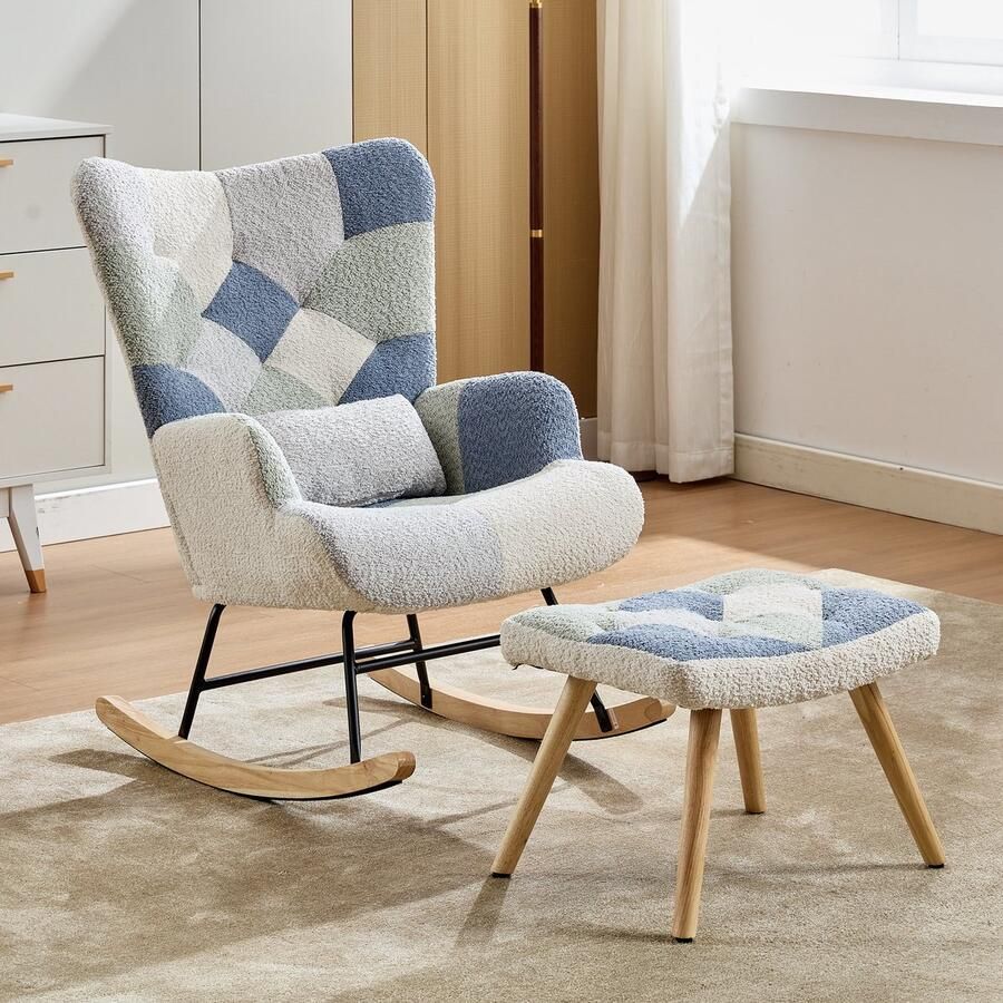 Sweiko Schommelstoel Fauteuil Met hocker + kussen Patchworkontwerp Blauw + grijs