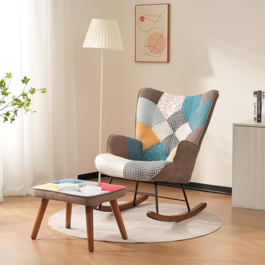 Sweiko Schommelstoel Fauteuil met Hocker Massief houten poten Kleurrijk