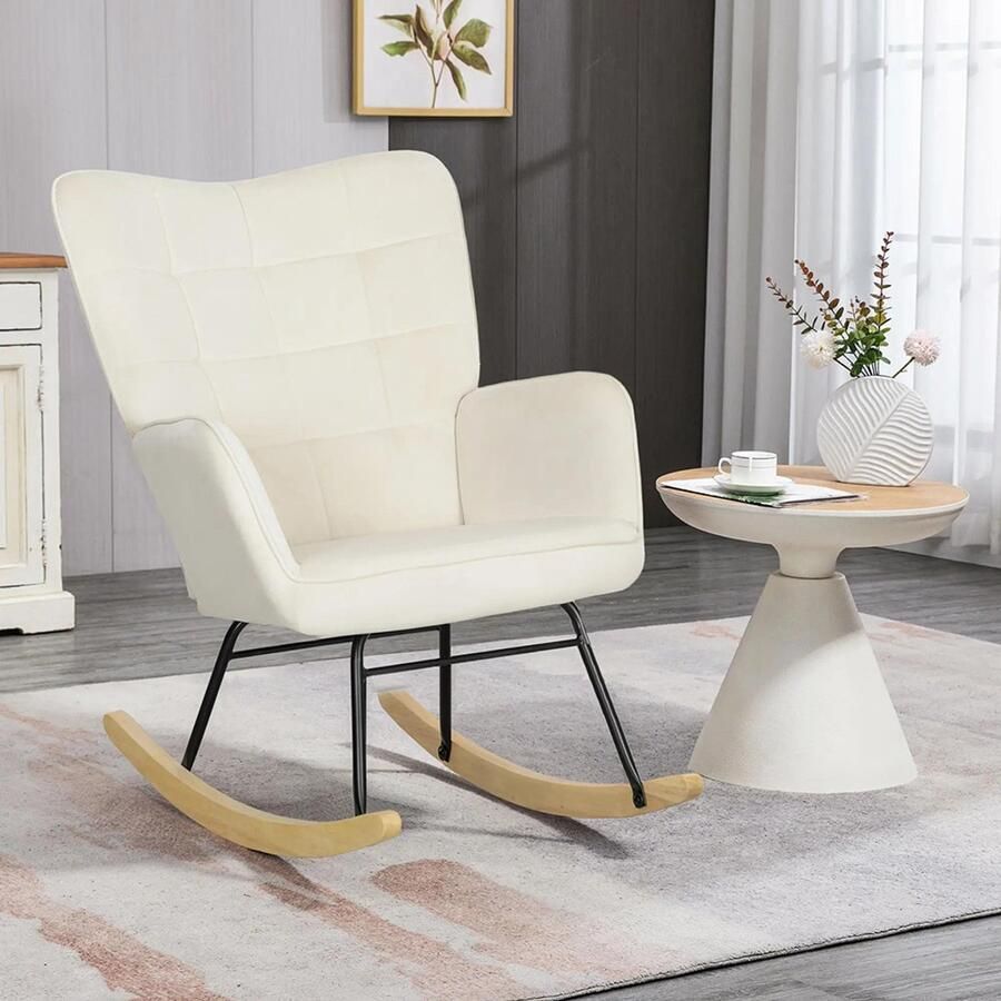 Sweiko Schommelstoel Hoge rugleuning Beukenhout + stalen frame Maximum gewicht 120 kg Beige